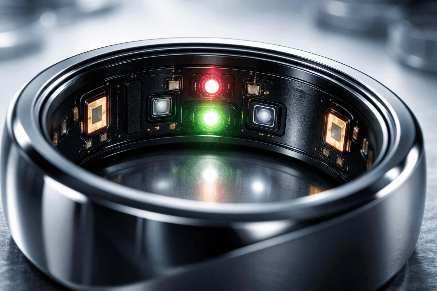 Close-up view of the interior medical-grade titanium shell and advanced health sensors of the Oura Ring 4.
