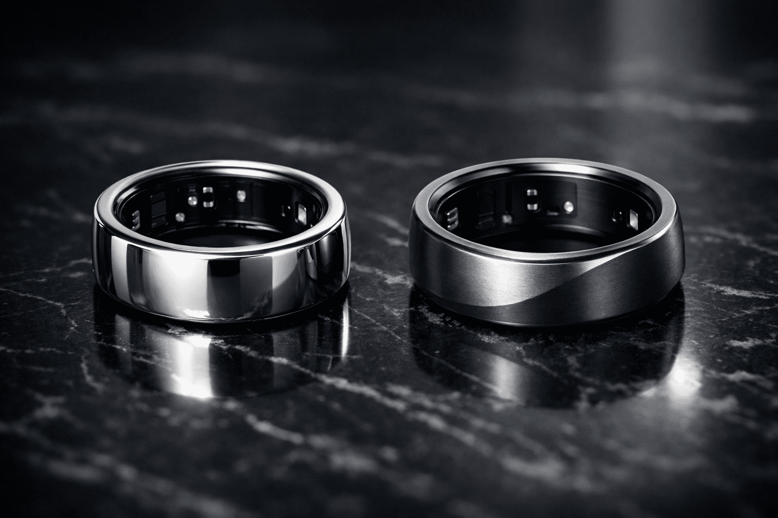 Oura Ring 4 and Samsung Galaxy Ring 2 lying side-by-side on a dark surface for a 2026 smart ring comparison.