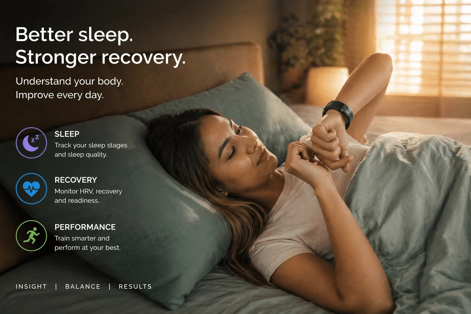 sleep recovery lifestyle visual showing a woman checking a wearable device in bed during a calm morning routine