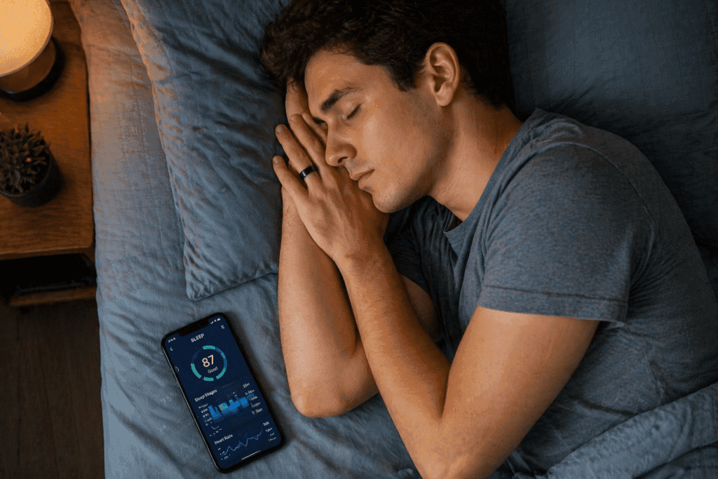 smart ring tracking sleep during the night on finger while sleeping realistic bedroom scene