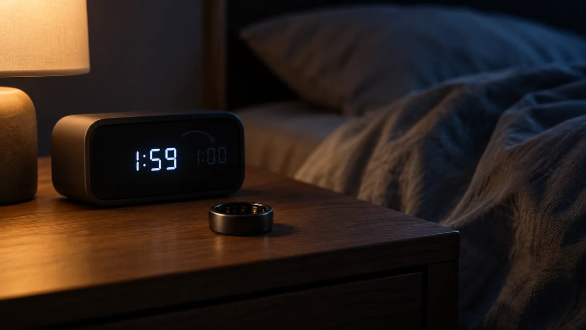 Smart ring on a nightstand next to a clock falling back one hour for the end of daylight saving time.
